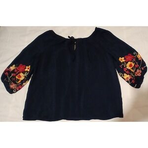 Olivia & Martin Navy Blue Embroidered Bell Sleeve‎ Tie Neck Blouse Top 1X
